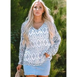 3 Pack Sky Blue Patterned Boho Shirred Puff Sleeve Women's Blouse